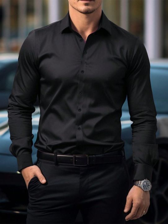 Black Club Wear Satin Cotton Party Shirt
